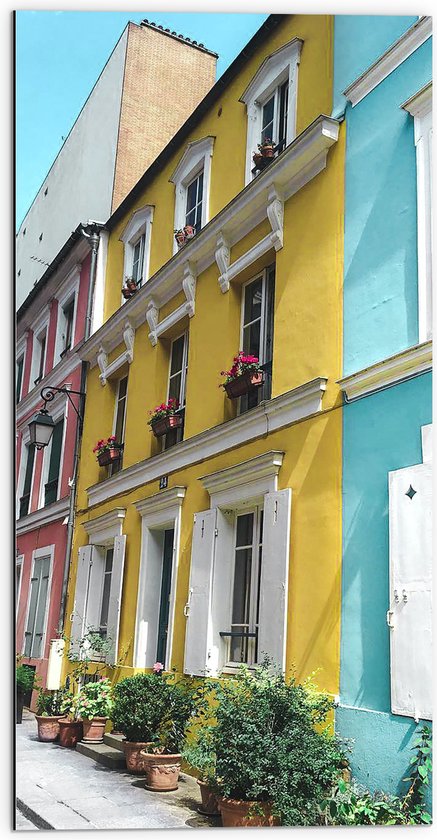 WallClassics - Dibond - Gekleurde Huizen aan elkaar - 50x100 cm Foto op Aluminium (Wanddecoratie van metaal)