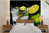 Behang - Fotobehang Glas gin en tonic op ijs omgeven door limoenen - Breedte 260 cm x hoogte 260 cm