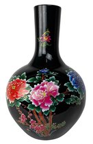 Fine Asianliving Chinese Vaas Zwart Bloemen Pioenen Handgemaakt D41xH57cm