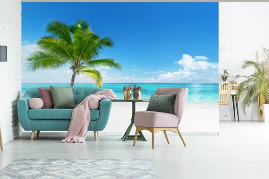 Behang - Fotobehang Palmboom - Strand - Zee - Zomer - Breedte 360 cm x hoogte 240 cm