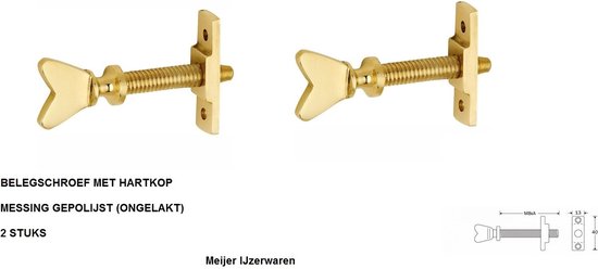 BELEGSCHROEF MET HARTKOP - MESSING GEPOLIJST - 50 MM X 8 MM ( 2 STUKS)