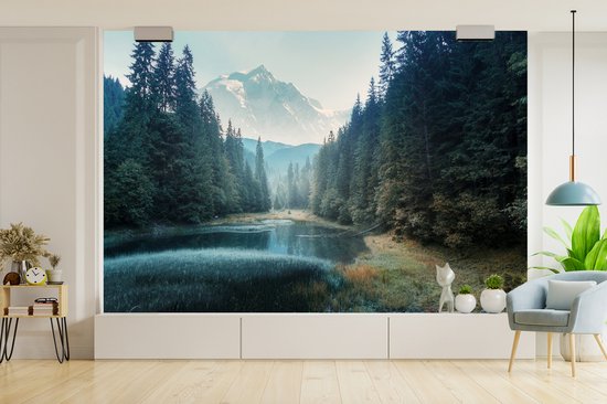 Behang - Fotobehang Bos - Gras - Bergen - Bomen - Natuur - Breedte 525 cm x hoogte 350 cm