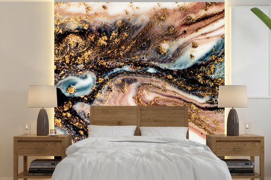 Behang - Fotobehang Marmerlook - Goud - Zwart - Glitter - Chic - Breedte 220 cm x hoogte 220 cm