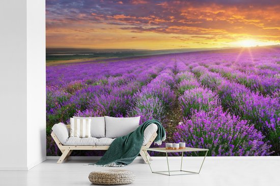 Behang - Fotobehang Lavendel - Wolken - Lente - Breedte 450 cm x hoogte 300 cm