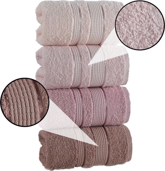 Mila Home - Handdoekenset - 4 Stuks - 4 Hand- en Gezichtshanddoeken 50x85 cm - 100% Katoen - Roze en wit - Keuken Badhanddoek