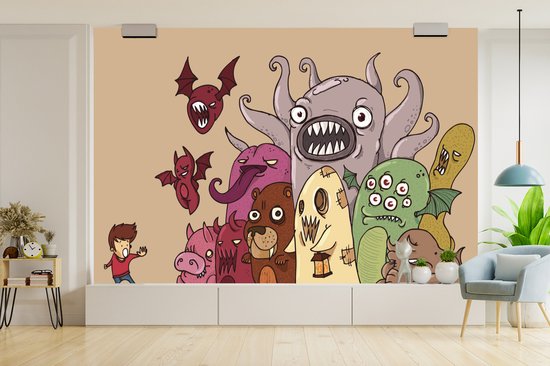 Papier peint Papier peint photo en vinyle - Monstres absurdes avec un garçon effrayé largeur 360 cm x hauteur 240 cm - Tirage photo sur papier peint (disponible en 7 tailles)