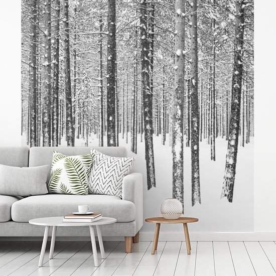 Behang - Fotobehang Dennenbomen in de sneeuw - Breedte 280 cm x hoogte 280 cm