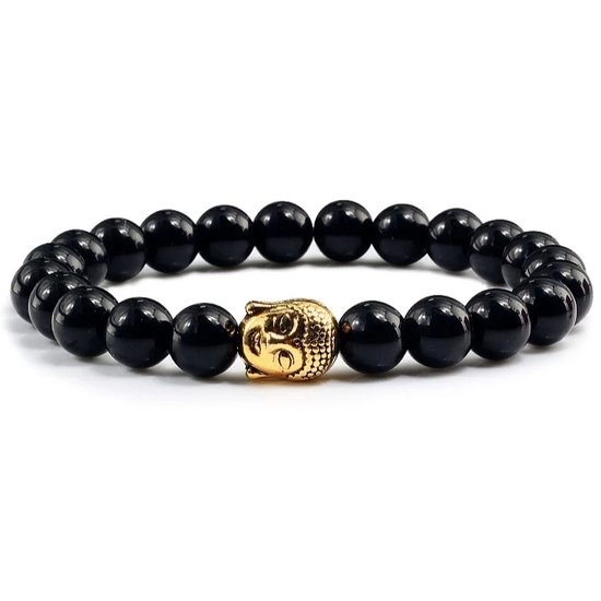 Armband – kralenarmband – kralen dikte 6 mm – handgemaakt – met gouden Buddha bedel – Boho Style – 20 cm – Feel Good Store – Zwart | Goud