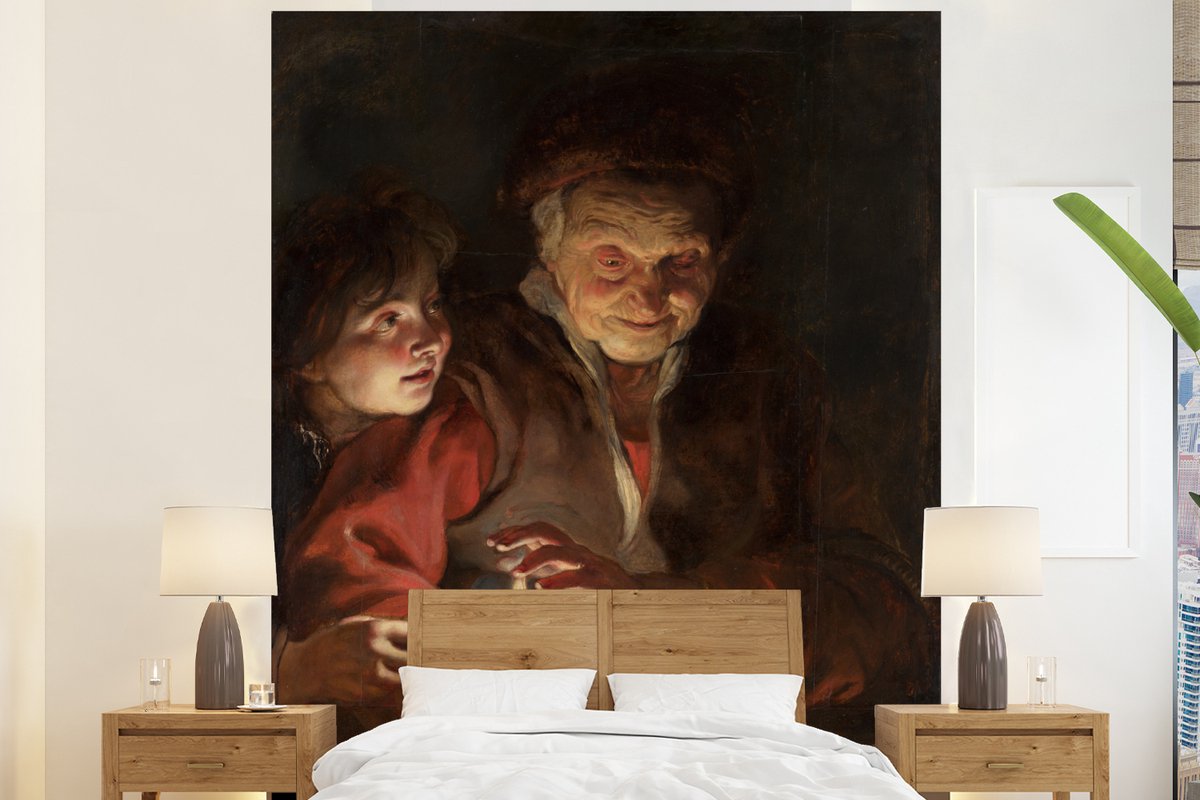 Behang - Fotobehang Oude vrouw en jongen met kaarsen - Schilderij van Peter Paul Rubens - Breedte 195 cm x hoogte 240 cm