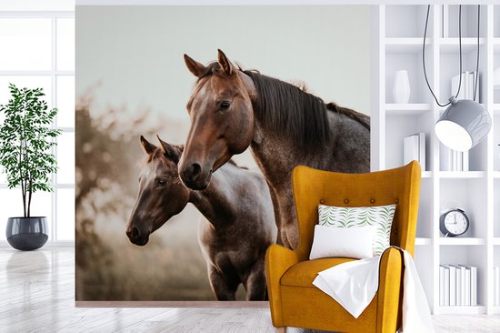 Papier Peint - Papier Papier peint photo Paarden - Nature - Marron - Largeur 240 cm x Hauteur 240 cm