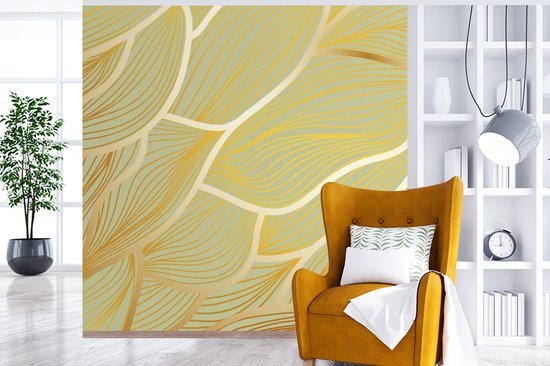 Behang - Fotobehang Gouden golven op een groene achtergrond - Breedte 220 cm x hoogte 220 cm
