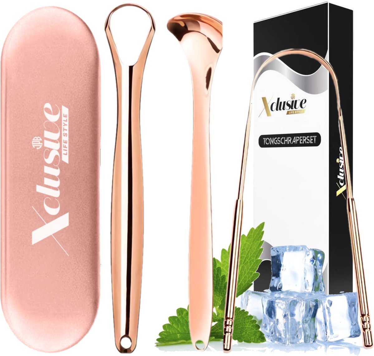 Goedkoopste Xclusive-lifestyle® Rosé Tongschraperset - 4-delige Professionele Tongreinigingset - Tongschraper - Mondverzorging - Mondhygiëne - Ayurveda - Aanbevolen door Tandartsen