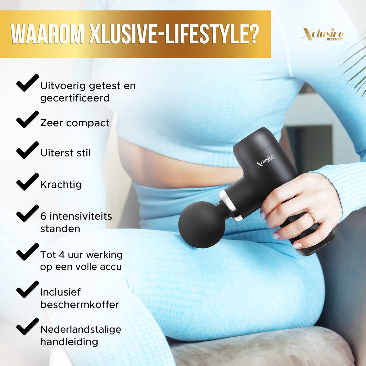 Xclusive-lifestyle® Massage Gun – Krachtig en Uiterst Stil Massage Pistool voor Spierherstel, Pijnverlichting en Ontspanning - 6 Intensiteitsstanden - 4 Massagekoppen – Draagbaar en Compact - Oplaadbaar — cadeau in Sport & Outdoor - foto 6