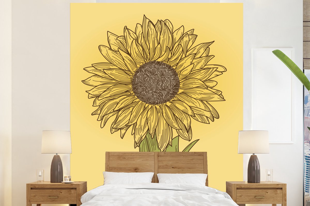 Behang - Fotobehang Illustratie van een zonnebloem op een gele achtergrond - Breedte 195 cm x hoogte 240 cm