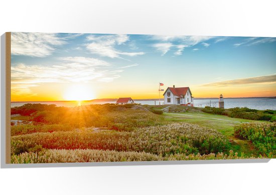 WallClassics - Hout - Zonsondergang bij Boederijen - 100x50 cm - 9 mm dik - Foto op Hout (Met Ophangsysteem)