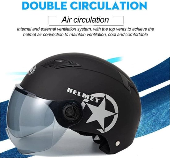 Yuricoo - Scooter helm zwart - Helmplicht - Offroad helm - Brommer helm