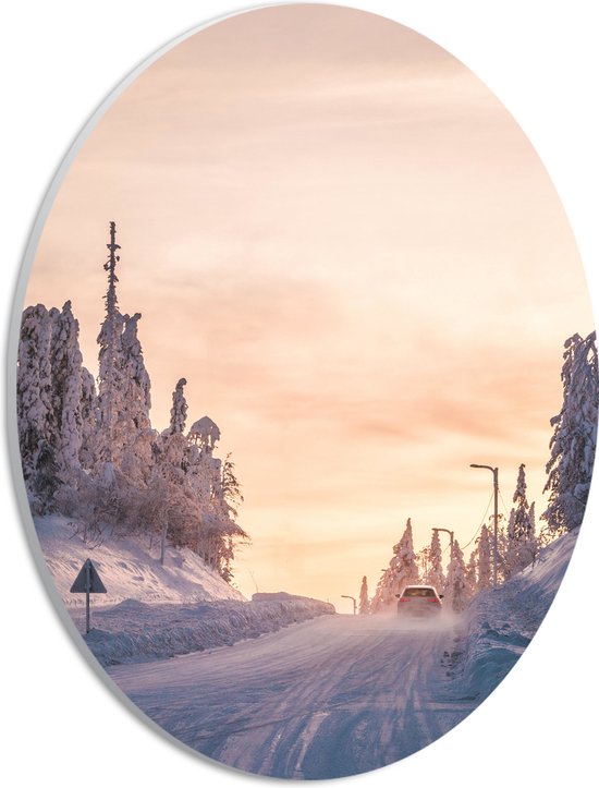 WallClassics - PVC Schuimplaat Ovaal - Auto rijdend door Sneeuwgebied - 21x28 cm Foto op Ovaal (Met Ophangsysteem)