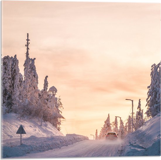 WallClassics - Acrylglas - Auto rijdend door Sneeuwgebied - 50x50 cm Foto op Acrylglas (Met Ophangsysteem)