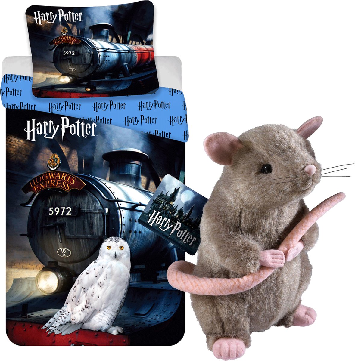 Dekbedovertrek Harry Potter- Hogwarts Express - Eenpersoons - 140 x 200 cm - Katoen, incl. Pluche rat 