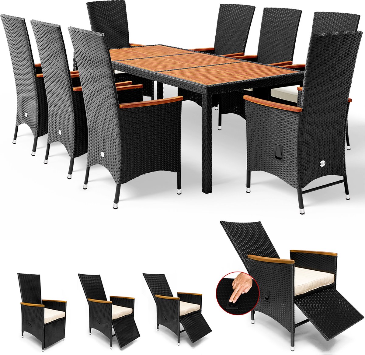 Bol.com Casaria Polyrattan Tuinset - 8 Stoelen & Tafel 190x90cm – Zwart aanbieding