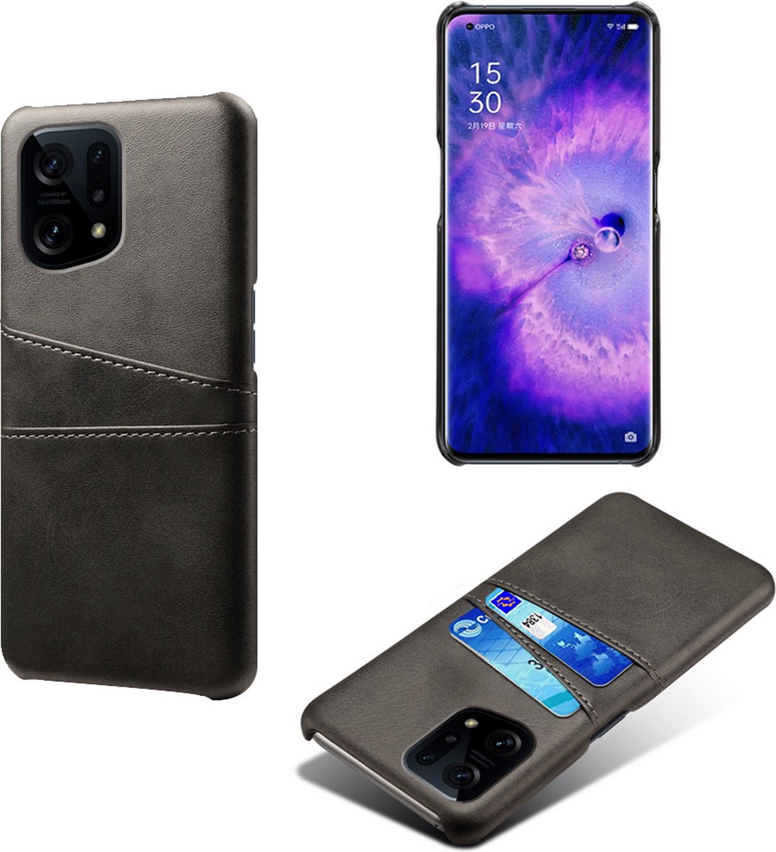 Back Cover met Opbergvakjes + PMMA Screenprotector voor OPPO Find X5 _ Zwart
