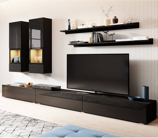 Trendmeubel- Tv-Meubel Set, zwart hoogglans met zwart mat - Tv-kast van 270cm en 5 deuren