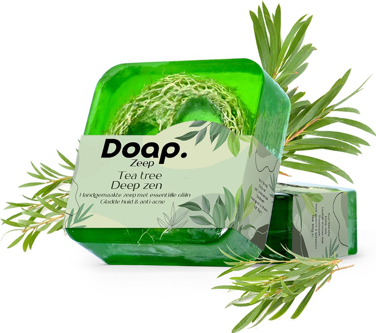 Doap Zeepblok Theeboom - 100g Zeep Stuk met Loofah Spons - Handgemaakte Biologische Body Bar met Luffa - Duurzaam Cadeau