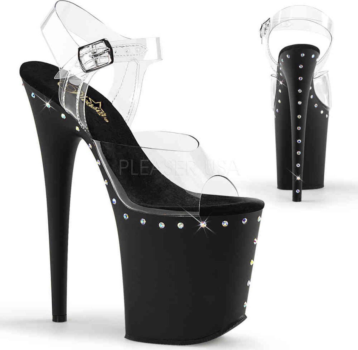 Pleaser - FLAMINGO808ABLS Sandaal met enkelband, Paaldans schoenen - Paaldans schoenen - 42 Shoes - Zwart/Transparant