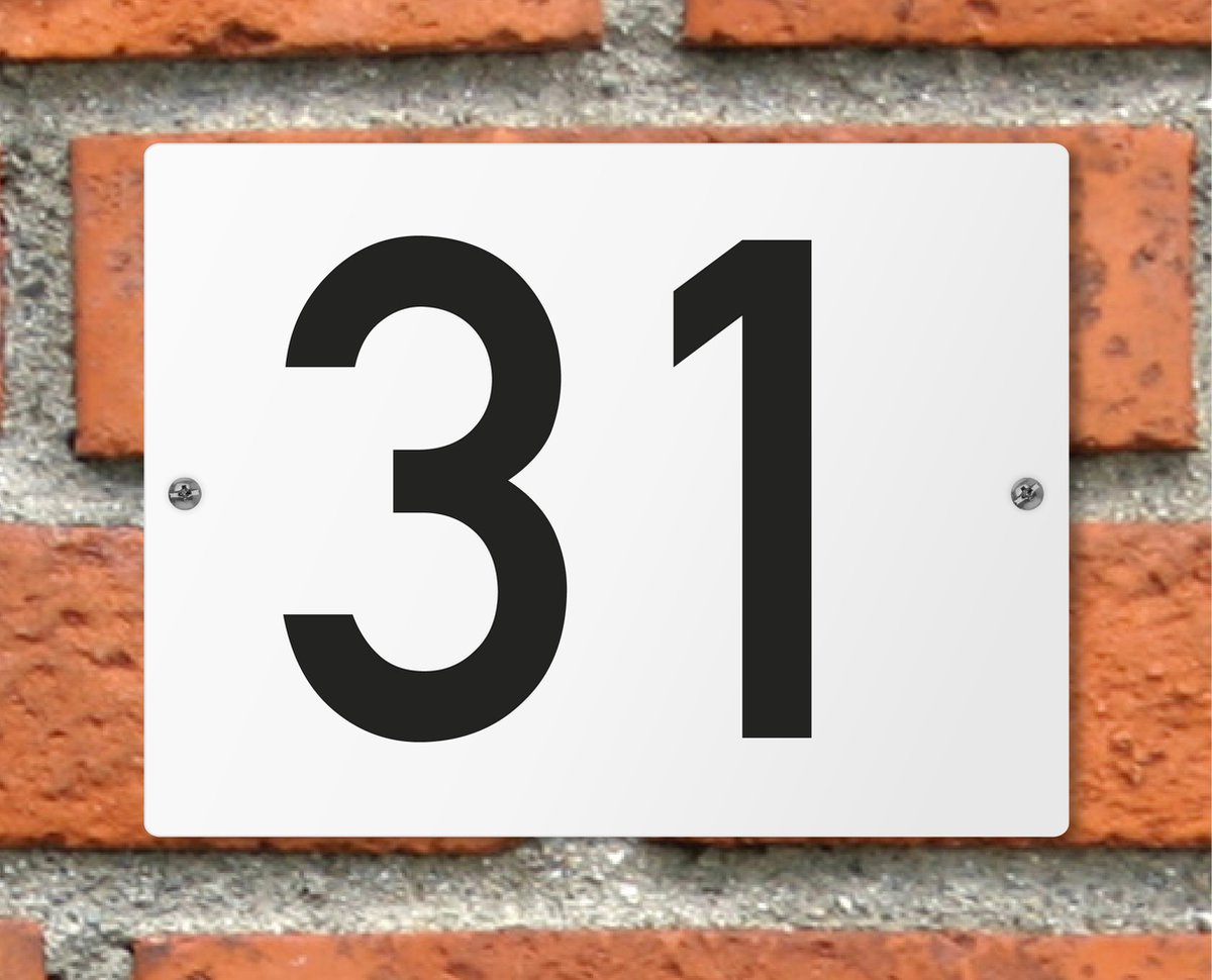 Huisnummerbord wit - Nummer 31 - standaard - 16 x 12 cm - schroeven - naambord - nummerbord - voordeur