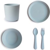 Mushie de vaisselle Mushie |Set assiette + tasse + Kom+ fourchette et cuillère|5 pièces|Poudre bleue|Vaisselle pour enfants|SALOPETTE|Couverts|Assiette|Tasse|Tasse | Bol