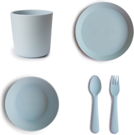 Mushie Serviesset |Set bord+beker+Kom+vork en lepel|5-delig|Powder Blue|Kinderservies|BIBS|Bestek|Bord|Beker|Cup | Kom