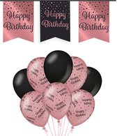 Happy Birthday Verjaardag Decoratie Versiering - Feest Versiering - Vlaggenlijn - Ballonnen - Man & Vrouw - Rosé en Zwart