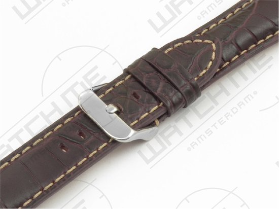 Horlogeband leer alligator print - Carolina donker bruin met witte stiksels 22 mm