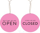 Deurbordje open closed - 20 centimeter - dubbelzijdig roze - met koord en zuignap - Dutch Sprinkles - raam bord voor bedrijven, winkels, salons - open gesloten omdraai bord