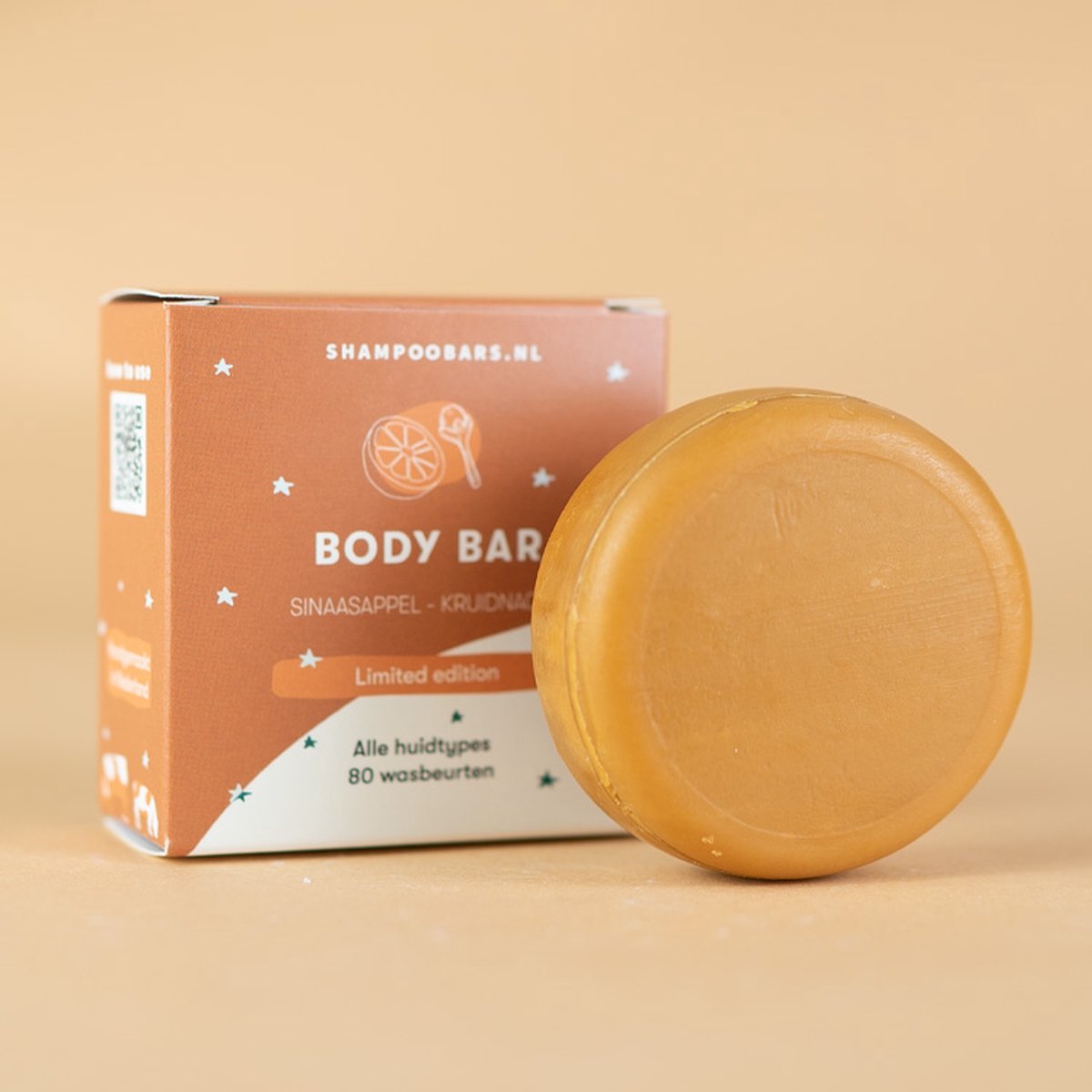 Body Bar Sinaasappel - Kruidnagel | Handgemaakt in Nederland | 80 wasbeurten | Plasticvrij | Dierproefvrij | Vegan | Crueltyfree | 100% biologisch afbreekbare verpakking