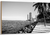 Hout - Palmbomen op het Strand met Uitzicht op Hoge Gebouwen Zwart/Wit - 120x80 cm - 9 mm dik - Foto op Hout (Met Ophangsysteem)