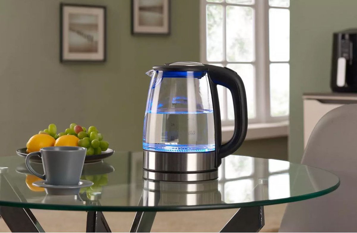 Glazen waterkoker- multi color- met blauwe LED verlichting- 1.7 liter- water koker- 2200 watt- glas