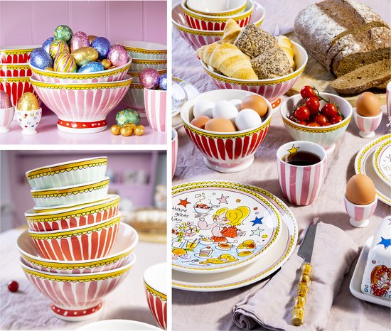 Collage de vaisselle Blond Amsterdam : oeufs de Pâques dans des bols, petits saladiers empilés et une table avec petit-déjeuner et une assiette.