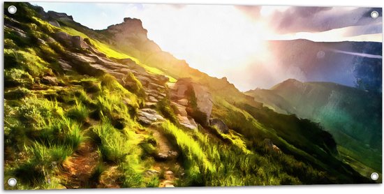 Tuinposter – Schilderij van Felle Zonnestralen over Berg - 100x50 cm Foto op Tuinposter (wanddecoratie voor buiten en binnen)