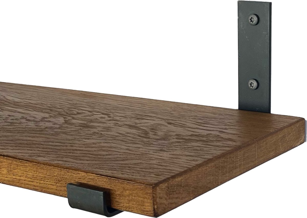GoudmetHout Wandplank Industrieel - 80 x 25 cm Muurplank - Donker Eiken Hout - Decoratie Wandrek & Boekenrek - Hangplank Keuken - Wall Shelf + 2 Mat Blanke Plankdragers van Staal Donker eiken - Mat blank - 25 cm