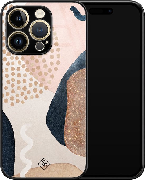 Coque iPhone 14 Pro Max en verre - Pois abstraits - Marron / beige - Hard Case Zwart - Coque arrière pour téléphone - Motif géométrique - Casimoda