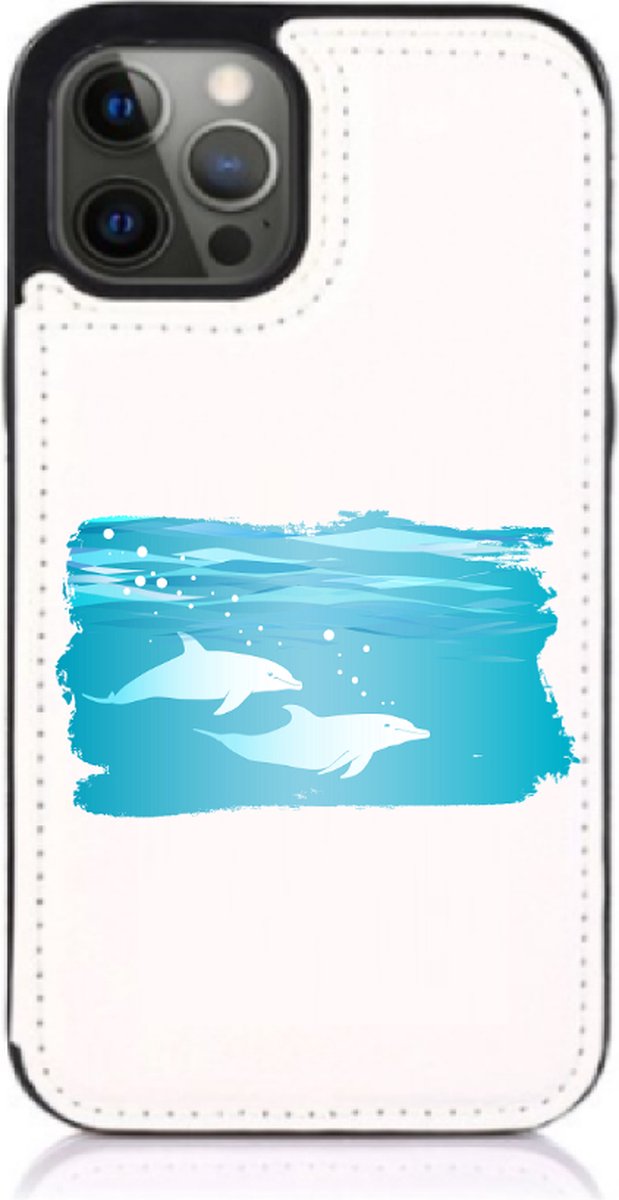 Apple Iphone 12 wit backcover hoesje met handig opbergsysteem voor pasjes - Dolfijnen