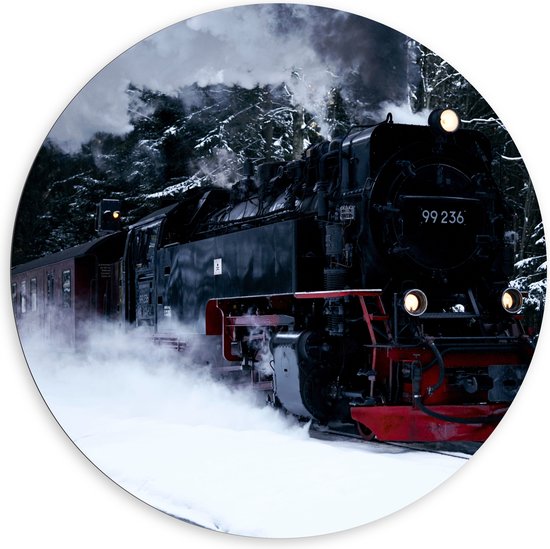 WallClassics - Dibond Muurcirkel - Rijdende Stoomtrein in de Sneeuw - 120x120 cm Foto op Aluminium Muurcirkel (met ophangsysteem)