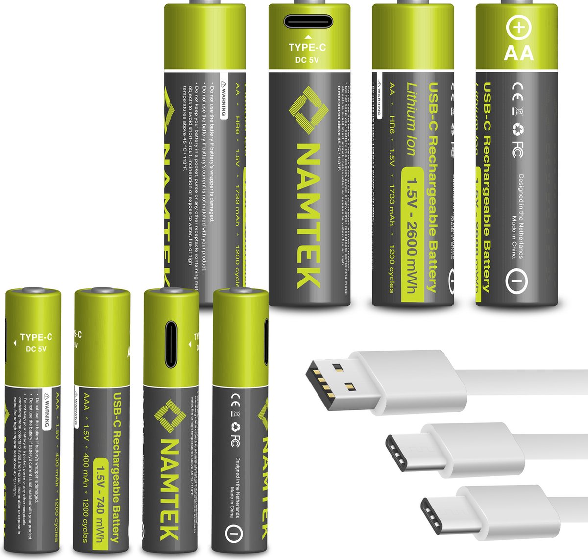 Namtek AA + AAA Oplaadbare Batterijen 1,5 Volt (2600 + 740 mWh) met USB Type-C Kabels opladen - Lithium batterijen - Duurzame Keuze - 8 stuks