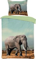 Dekbedovertrek Set-Antraciet Grijs-Groen- met grote olifant- Eenpersoons -140 x 220-cm + 1 kussensloop 60x70cm