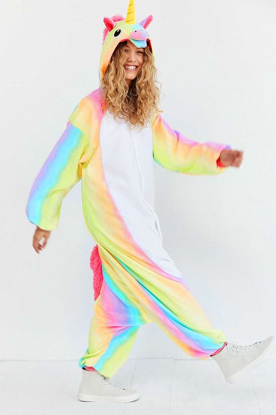 KIMU Onesie Regenboog Eenhoorn Pak - Maat M-L - Eenhoornpak Unicorn Kostuum Kleuren 170 176 - Unicornpak Jumpsuit Huispak Dames Heren Festival