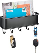 Entree-organizer - posthouder/sleutelrek - voor in de gang - met 5 sleutelhaken/met opbergmand voor post en accessoires/wandmodel - zwart