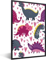 Poster in lijst voor kinderen - Wanddecoratie meisjes - Dino - Hart - Patronen - Roze - Meisjes - Dinosaurus - Decoratie voor kinderkamers - 40x60 cm - Poster kinderkamer