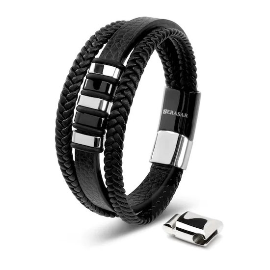 SERASAR Bracelet Homme Cuir [Glory], Argent/Noir 17cm, Bracelet Tressé