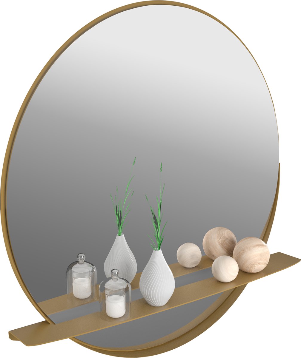 Gorillz Alien 80 – Ronde Wandspiegel met Plank – 80 cm – Goud – Exclusief Stalen Design